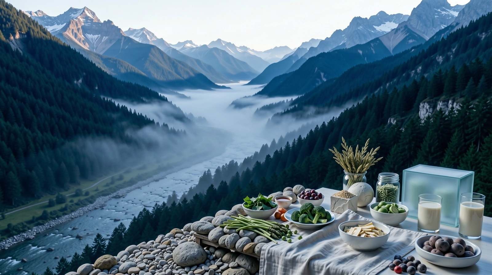 Swiss Alpine peaks in the morning mist